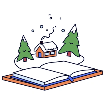 An open book lies flat on a wooden table. From the pages of the book, a snowy winter wonderland emerges. Fluffy white snow covers the ground, and tall pine trees dusted with snow stand in the background. Glistening snowflakes fall gently from the sky. A small wooden cabin with smoke curling from the chimney is nestled among the trees. The scene conveys a sense of tranquility and winter beauty.