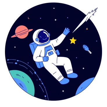 A blue astronaut in a white space suit is floating in a black, starry space. Surrounding the astronaut are various colorful planets, including a large orange planet with rings and a smaller teal planet. The astronaut has a smile visible through the visor of the helmet and is reaching out towards a glowing yellow star. In the distance, a white comet is streaking across the dark sky.