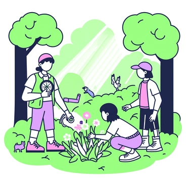 A group of three children is exploring a dense forest. One child is holding a green compass in their left hand while studying a rolled-up map in their right hand. They are surrounded by tall trees with broad leaves. Another child, wearing a red cap, is crouched down inspecting a patch of colorful wildflowers. The third child is standing nearby, looking up at the trees with wide eyes, showing excitement. Sunlight filters through the leaves, casting intricate patterns on the forest floor. Small animals, like a squirrel and a bluebird, can be seen in the background, adding life to the scene.