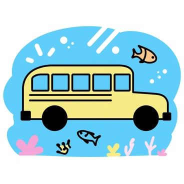 A yellow school bus, featuring large windows and a slightly rounded shape, is submerged under clear blue water. Surrounding the bus are various colorful fish, including tropical species with bright patterns, swimming gracefully. Some fish are small with vibrant scales in shades of orange, blue, and yellow, while others are larger with unique fin shapes. Sunlight filters down from the surface, creating shimmering light patterns in the water. There are soft corals and seaweed in the background, adding texture to the underwater scene.