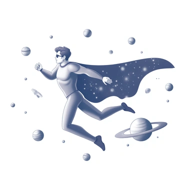 A superhero is soaring through space, displaying an outstretched posture. The superhero is wearing a sleek suit that emphasizes a strong physique. The cape billows behind, resembling a mantle that is filled with intricate details of “galaxies” and “stars”. Surrounding the superhero, a multitude of celestial bodies such as planets and asteroids are scattered throughout the vastness of space. The scene captures the sense of movement and adventure amid the cosmos.