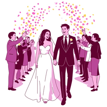 A bride wearing a flowing white gown is walking hand in hand with a groom dressed in a sharp black suit. They are both smiling joyfully as they make a grand exit. Surrounding them, guests are throwing vibrant pink and yellow flower petals into the air. The petals create a colorful shower that envelops the couple. In the background, the scene is filled with happy faces and the joyful atmosphere of celebration. The sunlight casts a warm glow over the moment, highlighting the couple's happiness.
