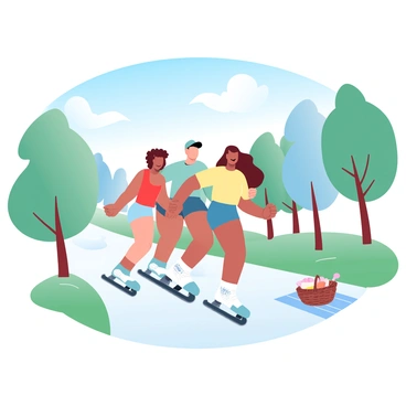 A group of three friends is roller skating together in a park under a clear blue sky. One friend has short curly hair and is wearing a bright red tank top, while another friend has long straight hair and is dressed in a vibrant yellow t-shirt. The third friend sports a cap and is wearing a green hoodie. They are all smiling and enjoying the sunny day, gliding across a smooth path lined with green grass and tall trees. Sunlight filters through the leaves, casting playful shadows on the ground. Nearby, a picnic blanket is spread out with a basket, suggesting a cheerful afternoon ahead.