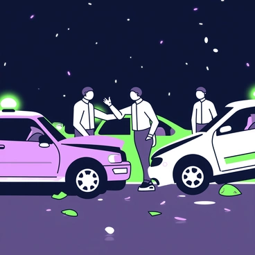 A car accident scene illuminated by flashing police lights at night.