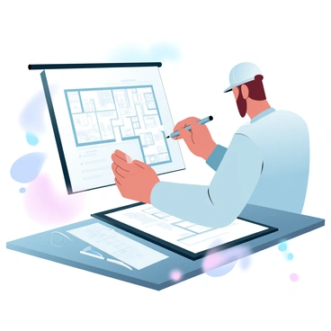 An architect is focused on drawing a house plan on an A3 illustration board placed on a wooden table. The architect is holding a pencil in one hand and is using a ruler with the other to create precise lines. Various architectural tools, such as a compass and protractor, are scattered around the board. The illustration board displays a detailed floor plan of a modern house, complete with labeled rooms and dimensions. A soft gradient pastel background adds subtle color to the scene.