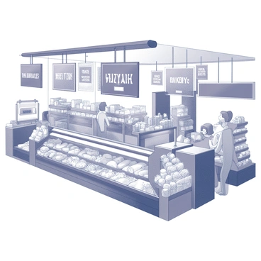 A grocery store interior with various sections clearly labeled. There are several large signs hanging from the ceiling, each displaying the names of different sections such as "Fruits," "Vegetables," "Dairy," and "Bakery." Some signs have promotional text that reads "Special Offer" or "Sale" prominently featured. The signs are designed to be visually appealing, with bold typography and engaging layouts that attract attention. Customers can be seen navigating through the aisles, looking at products, while the brightly lit environment enhances the visibility of the signage.