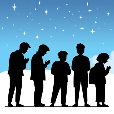 A group of five silhouettes of people standing side by side, each with their heads bowed in quiet prayer. The figures vary in height and build, representing a diverse gathering. They are positioned against a vast night sky filled with numerous stars twinkling brightly. The ground beneath them is plain, allowing the focus to remain on the silhouettes and the starry sky above. The atmosphere is calm and peaceful, with the stars creating a serene backdrop for their moment of reflection.