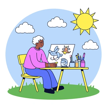 An illustrator is working at a drawing table outdoors under a bright sun. The table is covered with colorful sketches of playful characters, such as a smiling tree and a jumping rabbit. Nearby, there are art supplies, including jars of paint, brushes, and colored pencils. In the background, there are fluffy clouds floating in a clear blue sky. The grass is lush and green, adding to the vibrant setting.