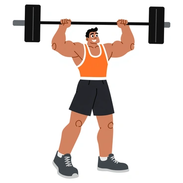 A muscular strongman with a well-defined physique is in a classic pose, lifting a heavy barbell above his head. His arms are flexed, showcasing powerful biceps and triceps. He has a determined expression on his face, with his hair neatly styled. The barbell is loaded with large, round weights on either side. He is wearing a tight-fitting tank top and shorts, emphasizing his muscular build. The background is a solid color, allowing the strongman and the heavy weight to be the focal points of the image.