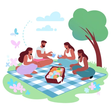 A group of four friends is sitting on a vibrant, checkered blanket spread out on a grassy area in the park. They are surrounded by a variety of colorful picnic foods arranged in an open basket. The sun is shining brightly, casting soft shadows on the ground. Nearby, a large tree provides some shade while colorful flowers bloom around the blanket. One friend is pouring drinks into cups, while another is reaching for a sandwich. The atmosphere is cheerful and lively, with nearby butterflies fluttering around.
