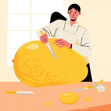 An artisan with dark hair and a focused expression is carving intricate patterns into a large, yellow mango. The mango rests on a wooden table, surrounded by various carving tools with wooden handles. The artisan's hands are steady as they create delicate swirls and floral designs on the surface of the mango. There are small shavings of mango skin scattered around the table, highlighting the detail of the work. In the background, there is soft, warm light coming from a nearby window, illuminating the scene.
