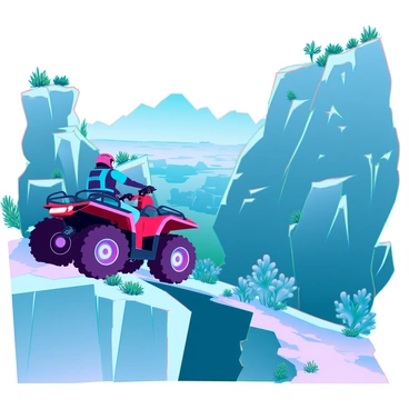 An all-terrain vehicle (ATV) with an aggressive design and rugged tires is navigating a narrow, winding trail that hugs a rocky cliffside. The cliff is steep and jagged, with sharp rock formations jutting out. Below the trail, there is a dramatic drop-off that reveals a vast landscape, perhaps a canyon or an expansive valley, with sparse vegetation growing along the edges. The sky is clear, allowing bright sunlight to illuminate the scene, casting distinct shadows from the ATV and the rocks. The driver, wearing safety gear, is focused on maneuvering the vehicle safely along the precarious path.