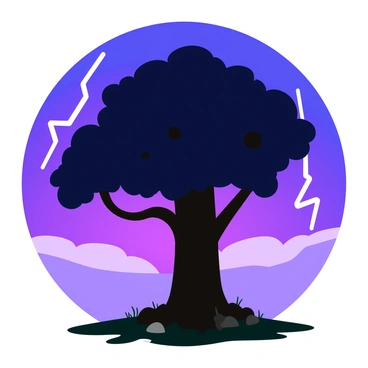 A dark silhouette of a lone tree with a thick trunk and sprawling branches stands prominently against a gradient twilight sky. Bright flashes of lightning illuminate the scene, creating stark contrasts with the dark silhouette. The ground is uneven and dotted with small rocks, enhancing the dramatic atmosphere. The tree appears resilient and steadfast despite the chaotic energy of the storm surrounding it.