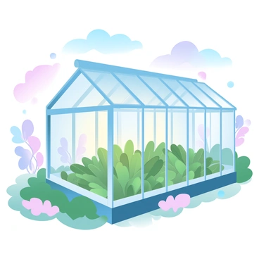 A large glass greenhouse with transparent walls and a peaked roof is filled with vibrant green plants. The greenhouse is surrounded by a lush garden with various flowers and shrubs. Inside the greenhouse, warm sunlight streams through the glass, creating a bright and inviting atmosphere. Above the greenhouse, the sky is a gradient of soft pastel colors transitioning from light blue to soft pink and lavender, suggesting a peaceful sunset. The edges of the greenhouse reflect the warm hues of the sky, symbolizing the retention of heat within the structure.