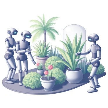 Several robotic gardeners are actively engaged in caring for exotic plants within an advanced botanical garden. These robots are humanoid in shape, equipped with articulated arms designed for precision. One robot is using a specialized tool to carefully prune the leaves of a large, tropical plant, while another robot is watering smaller potted plants with a built-in sprinkler. Lush greenery surrounds the scene, with various species of exotic plants, including palm trees and colorful flowering species, arranged neatly in rows. The garden features futuristic structures, such as glass domes and sleek pathways that guide visitors through the vibrant displays of flora.