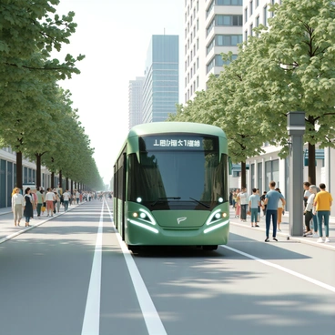 An electric bus, painted in bright green with sleek, modern lines, is driving down a wide avenue. The bus has large windows that reflect the surrounding environment. Lining the sides of the avenue are tall trees with lush green leaves, casting dappled shadows on the pavement. In the background, there are tall buildings made of glass and steel, bustling with activity as people walk along the sidewalks. Some are waiting at the bus stop, while others are engaged in conversations or looking at their phones. The scene captures the vibrant atmosphere of the city.