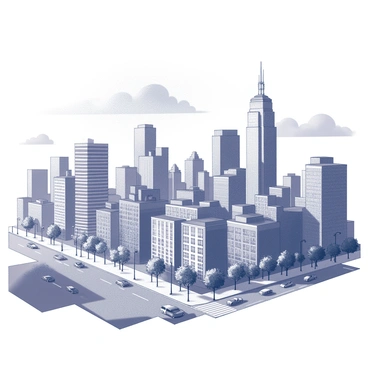 A bustling city skyline filled with tall buildings and skyscrapers. The structures have various architectural styles, with some featuring large glass windows and others showcasing brick facades. Streets below are busy with cars and pedestrians, creating a sense of movement. Streetlights illuminate the scene, casting shadows on the ground. A few trees are scattered throughout the area, providing a touch of nature among the urban environment. The sky above is vast and expansive, with clouds partially covering it.