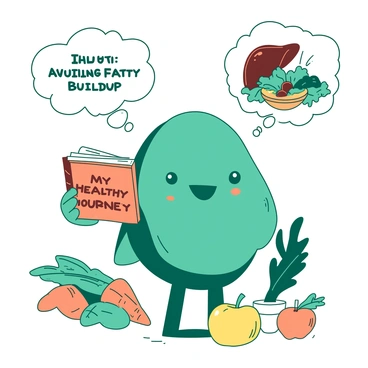 A teal cartoon-style liver character stands upright, wearing a friendly smile. The liver is holding a small orange book in its right hand, with the title "My Healthy Journey" clearly visible on the cover. Surrounding the liver are various healthy foods, including a bright orange carrot, a yellow apple, and a teal leafy vegetable, illustrating its healthy lifestyle. In the background, there are two thought bubbles: one depicting a sad liver with a frown and the words "Avoiding Fatty Buildup" and the other showcasing the happy liver enjoying a vibrant salad. The overall composition emphasizes the liver character's journey towards health.