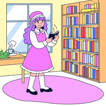 A girl wearing a pink and white classic lolita outfit, featuring a frilly dress with lace trim and a matching bonnet. She has long, wavy hair cascading down her shoulders. The bookstore has wooden shelves filled with colorful books, with a warm, inviting ambiance. Sunlight filters through a large window, casting soft light on a plush rug where she stands. The girl is holding a book in one hand, looking intently at another book on a nearby shelf. A small table nearby holds a steaming cup of tea.