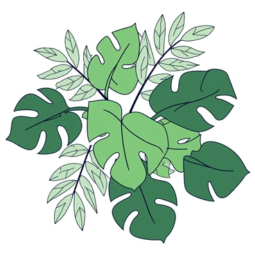 A composition of intertwined monstera leaves with large, lobed shapes and deep green color. The monstera leaves are layered over delicate fern leaves that have a feathery texture and a lighter green hue. The leaves are arranged in a dynamic formation, creating a sense of movement and depth. The background is a solid color that contrasts with the vibrant green of the leaves.