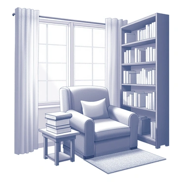 A cozy reading nook featuring a comfortable armchair positioned next to a window. The chair is upholstered with soft fabric and has a plush cushion. A stack of various books is piled on a small side table beside the chair. The window allows natural light to fill the space, framed by light curtains that flutter gently. The floor is covered with a textured rug, adding warmth to the area. On the wall, there are bookshelves filled with neatly arranged books, creating an inviting atmosphere for gaining insights through reading.