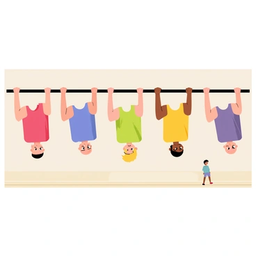 A group of five athletes performing pull-ups on a horizontal bar. Each athlete is wearing a different colored tank top: red, blue, green, yellow, and purple. They are positioned in a straight line, with their bodies in sync as they pull themselves up in a coordinated sequence. The background is a simple gym setting, with light-colored walls and wooden flooring. The athletes have determined expressions on their faces, showcasing their focus and strength as they work together in their exercise routine.