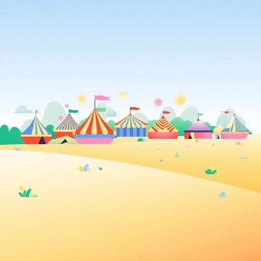 A vibrant festival appears as a mirage in the distance. Colorful tents in various shapes and sizes are scattered across the landscape. Brightly colored flags flutter in the gentle breeze, creating a lively atmosphere. The tents are adorned with intricate patterns and designs, showcasing an array of hues such as red, blue, yellow, and green. In the foreground, a vast expanse of golden sand stretches out towards the festival, with patches of wildflowers adding additional color to the scene. The sky above is a clear blue, enhancing the brightness of the festival's colors.
