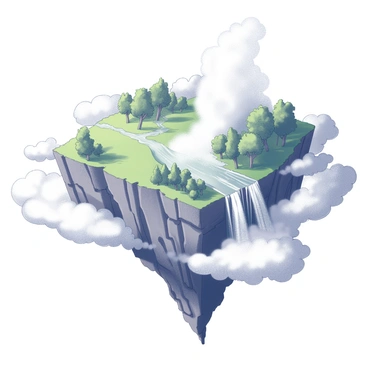 A large floating island suspended in the sky. The island features a lush, green landscape with vibrant vegetation and a variety of trees. A majestic waterfall spills over the edge of the island, sending a torrent of water cascading down into a thick layer of clouds below. The water creates a mist that rises and envelops parts of the island, adding a sense of movement to the scene. The island's rocky edges are clearly defined against the atmosphere, and the overall composition conveys a breathtaking natural wonder.