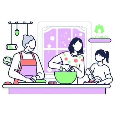 A festive kitchen is filled with joyful activity as multiple generations are preparing holiday treats together. In the foreground, a grandmother with gray hair is rolling out dough on a wooden countertop. She is wearing a red apron and is surrounded by cookie cutters in various shapes. Next to her, a mother with long hair is mixing ingredients in a large green bowl. She is wearing a white shirt with festive patterns. Nearby, a young girl with pigtails is excitedly decorating freshly baked cookies with colorful icing using a small nozzle. The kitchen is adorned with twinkling lights and holiday decorations, adding to the cheerful atmosphere. A large window shows snow gently falling outside.