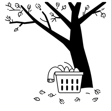 A laundry basket sitting on the ground beneath a large tree with a thick trunk and sprawling branches. The basket is filled with clean clothes, partially protruding from the top. Scattered around the basket are numerous fallen autumn leaves, with distinct shapes and sizes, creating a textured layer on the ground. The tree's leaves are a mix of various shapes, some pointy, some rounded, indicating the transition of the season. The scene is quiet, emphasizing the solitary presence of the laundry basket in this natural setting.