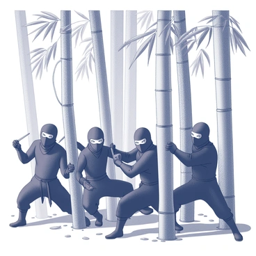 A group of five agile ninjas is positioned stealthily among the dense bamboo stalks. Each ninja is dressed in black, their outfits designed for silence and agility. They crouch low, with their bodies blending into the shadows cast by the towering bamboo. One ninja peeks from behind a thick stem, eyes narrowed and focused, while another grips a shuriken tightly in preparation. The forest floor is covered with fallen leaves and twigs, enhancing the sense of concealment. Bamboo leaves rustle gently in the breeze, further shrouding the ninjas in their tactical hiding spots.