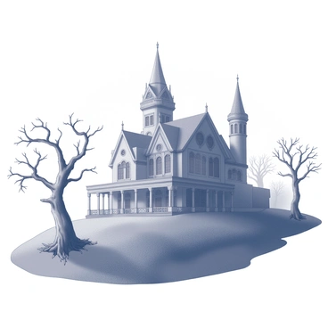 A large mansion sits atop a hill, its architecture both imposing and intricate. The structure features tall spires and arched windows, creating a sense of grandeur. Surrounding the mansion, twisted trees with gnarled branches loom, their silhouettes stark against the fog. The fog envelops the scene, partially obscuring the mansion and creating an air of mystery. The ground is uneven, with patches of grass peeking through the damp earth, adding to the eerie atmosphere.