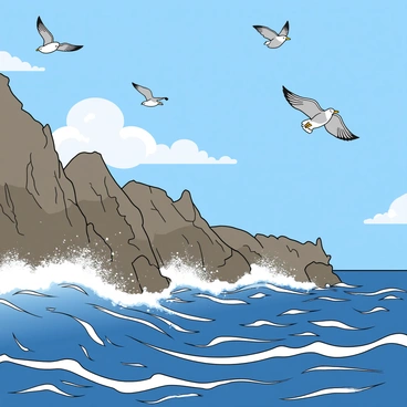 A rugged rocky coastline extends into the distance, with jagged cliffs rising sharply from the ocean. The waves crash energetically against the rocks, creating white foamy splashes that rise into the air. Above, several seagulls with white feathers and gray wings are soaring gracefully, their wings spread wide. The sky is bright blue with a few fluffy white clouds scattered throughout. The sunlight glimmers on the surface of the ocean, highlighting the dynamic movement of the waves.