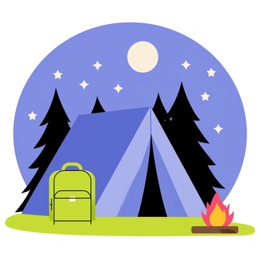 A green camping backpack is positioned next to a blue tent. The tent is pitched on a patch of grass, with its entrance facing the viewer. Above, a starry night sky is filled with numerous bright stars. The moon shines softly, casting a gentle light on the scene. A few pine trees are visible in the background, framing the camping setup. A small campfire with glowing embers is located nearby, adding warmth to the nighttime atmosphere.