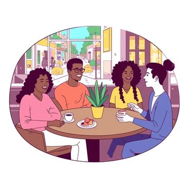 A group of four friends sitting at a round wooden table in a vibrant café. Two friends, a white woman with curly brown hair and an Asian man with glasses, are engaged in conversation while holding coffee cups. The third friend, a Black woman with long braids, is smiling as she listens, and the fourth friend, a Hispanic man with a beanie, is animatedly gesturing. The table has a small potted plant in the center and some pastries on a plate. The café is bustling with other patrons, and there is a large window in the background showing the sunny street outside.