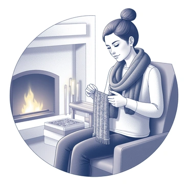 A woman named Sarah is sitting comfortably in a cozy room near a fireplace. She is focused on knitting a scarf, with the knitting needles in her hands. The scarf features intricate patterns and textures as she works on it. The fireplace emits a soft glow, illuminating her concentrated expression and the yarn she is using. The room has a warm and inviting atmosphere, with a few decorative elements in the background, such as a small side table and a comfy chair.