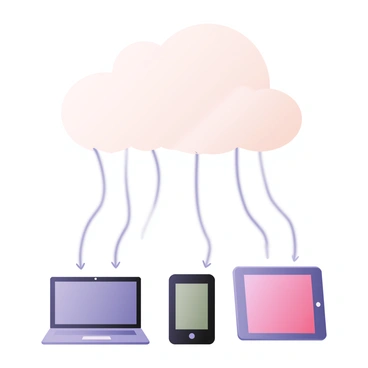 A digital flat illustration featuring fluffy white clouds in various sizes, scattered across the top of the image. Below the clouds, multiple data streams represented as glowing blue lines extend downwards, connecting to various devices. There are three devices: a laptop on the left displaying a blue screen, a smartphone in the center with a green screen, and a tablet on the right showing a red interface. The data streams are shown emanating from the clouds and seamlessly linking to each device, illustrating the concept of cloud-based intranet integration. The background is a light gradient from white to pale blue, enhancing the sense of openness.