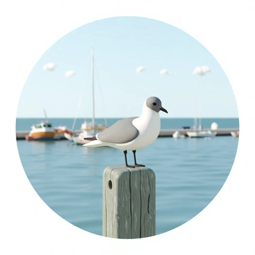 A seagull, with white feathers and a grayish-black head, is perched on a weathered wooden dock post. The dock post has a rough texture, showing signs of age and wear, while the calm water of the seaside harbor reflects the colors of the sky. In the background, there are fishing boats gently swaying, and a few scattered clouds float in the blue sky. The scene captures a tranquil moment by the harbor, highlighting the seagull's keen gaze as it looks around.