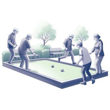 A group of seniors engaging in a game of lawn bowling in a well-kept park. The players, a mix of men and women, are dressed in casual attire and are focused on their game. They stand on a manicured green lawn that is surrounded by neatly trimmed hedges and trees. One senior is seen releasing a bowling ball towards the target area, while others watch intently, preparing for their turn. The sun shines brightly overhead, creating distinct shadows on the grass and highlighting the joyful expressions on their faces. A few park benches can be seen in the background, adding to the inviting atmosphere of the park.