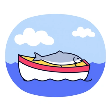 A small fisherman's boat floats on calm sea waters. The boat is painted in bright red and white, with a wooden deck. On the deck lies a freshly caught halibut, its skin shimmering with silver and gray tones. The sky above is clear and blue, with a few fluffy white clouds scattered around. In the background, gentle waves ripple against the sides of the boat.