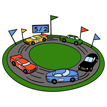 A vibrant car race track with a winding asphalt surface surrounded by green grass and colorful flags. There are five distinct cars on the track, each with unique designs and colors. Two of the cars are in the foreground, actively lapping the track at high speed, leaving trails of dust behind them. The first car is a red sports car with sleek curves and a racing number visible on its side. The second car is a blue sedan with bold sponsor logos. The remaining three cars are positioned further back, showcasing a yellow hatchback, a green coupe, and a black vintage car. The atmosphere is energetic, capturing the excitement of the race. The numbers “5/2” are prominently displayed on a digital scoreboard trackside.