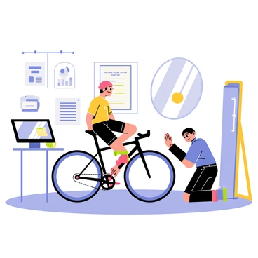 A customer sitting on a sleek road bicycle in a bright, modern fitting studio. A technician is kneeling beside the bicycle, using a measuring tape to take measurements of the customer's leg length. The customer is wearing athletic clothing and displays a focused expression. Various bicycle fitting equipment and tools are scattered around the studio, including a computer screen showing data. A large mirror reflects both the customer and the technician, and charts about bicycle ergonomics are visible on the walls.