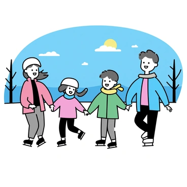 A family skating together, laughing and enjoying a sunny day on a frozen lake.