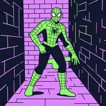 A silhouette of Spider-Man is prominently displayed against a textured brick wall in a narrow alleyway. The figure is poised in a dynamic, action-ready stance, with one arm extended and legs bent in a crouched position. The brick wall features uneven surfaces and varies in shading, creating depth. Dimly lit surroundings accentuate the silhouette, emphasizing the iconic web pattern on Spider-Man's suit. Shadows cast by nearby structures add to the urban atmosphere of the alley.
