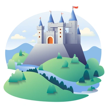 A towering castle with gray stone walls and tall spires is situated on a steep cliff. The castle features numerous turrets adorned with flags, and its large wooden doors are slightly ajar. Below the castle, a lush green valley stretches out, filled with rolling hills and clusters of trees. A river meanders through the valley, reflecting the blue sky above. Soft clouds float gently in the sky, adding depth to the scene. The sunlight casts long shadows from the castle onto the valley below, creating a dramatic contrast between the dark stone and the vibrant greenery.