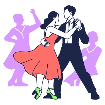A couple is dancing tango in a dimly lit room. The man, dressed in a fitted black suit and white shirt, holds the woman closely. She wears a flowing red dress that moves gracefully with her as they dance. Their feet are positioned elegantly, showcasing intricate footwork. The man's face is focused, expressing determination, while the woman looks at him with intensity, her expression conveying passion. In the background, there are shadows of other dancers, adding depth to the scene. The couple is surrounded by a dynamic atmosphere that captures the essence of their connection through movement.