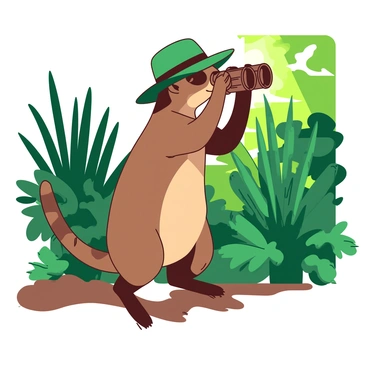 A brown coati wearing a green safari hat is standing on its hind legs, peering through a pair of binoculars. The binoculars are held up to its eyes, and its long tail is raised for balance. Surrounding the coati is lush jungle vegetation, with various shades of green leaves and tall plants creating a dense backdrop. Sunlight filters through the canopy above, casting dappled shadows on the ground. The coati's expression is focused and curious as it surveys the area through the binoculars.