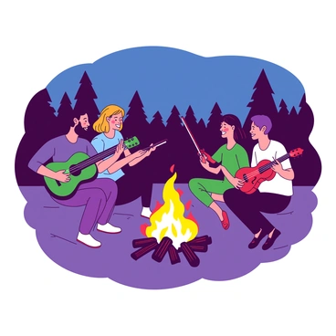 A group of musicians is gathered around a warm bonfire at night, creating a lively atmosphere. One musician is playing a green acoustic guitar, while another is strumming a yellow ukulele. A third musician is holding a red violin, drawing the bow gracefully across the strings. The flickering flames of the bonfire cast a soft glow on their faces, illuminating their joyful expressions. In the background, silhouettes of trees create a natural frame around the scene, enhancing the cozy vibe of the gathering. The musicians are in comfortable clothing, fully immersed in the music they are creating together.