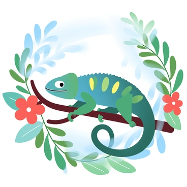 A chameleon with vibrant scales is positioned on a branch, seamlessly blending into the colorful foliage of a tropical forest. The chameleon's skin displays a mix of greens, blues, and yellows, mimicking the surrounding leaves and flowers. Lush green leaves fill the background, interspersed with bright red and orange blossoms. Sunlight filters through the canopy above, casting dappled light on the scene, enhancing the variety of colors present in the foliage.