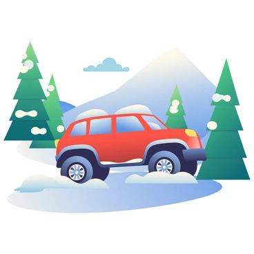 A 3D SUV driving up a snowy mountain road with pine trees